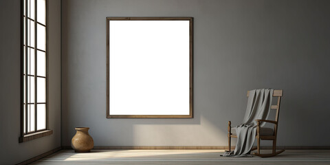 blank poster in wooden frame on empty wall with rocking chair wood flooring mockup, empty framed template of artwork mockup, generative ai