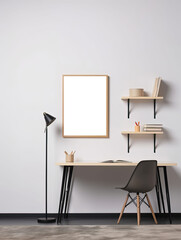 bright and sunny office space with empty chair, empty framed template of artwork, poster blank mockup, generative ai