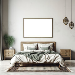 boho modern inspired bedroom with minimalist design, empty framed template of artwork, blank mockup, generative ai