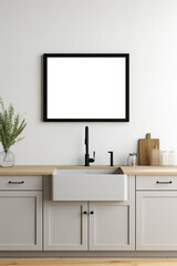 clean design kitchen with modern appliances and an empty framed template of artwork, poster blank mockup, generative ai