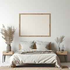 boho modern inspired bedroom with minimalist design, empty framed template of artwork, poster blank mockup, generative ai
