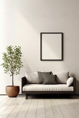 cozy minimalist living room with modern sofa vintage, empty framed template of artwork, poster blank mockup, generative ai