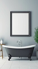 modern bathroom with vintage clawfoot tub and minimalist decor, empty framed template of artwork, blank mockup, generative ai