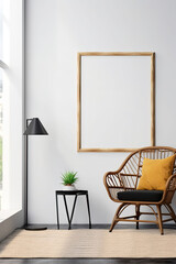 bright and sunny living room with wicker chair, empty framed template of artwork, blank mockup, generative ai