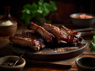 Smoke grilled pork ribs BBQ steak with peppers, seasoning on the side, on wooden tray dark background