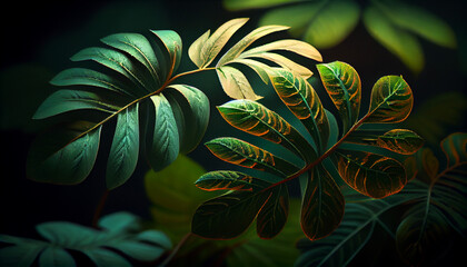 Fototapeta na wymiar Tropical green leaves closeup beautiful lighting Ai generated image