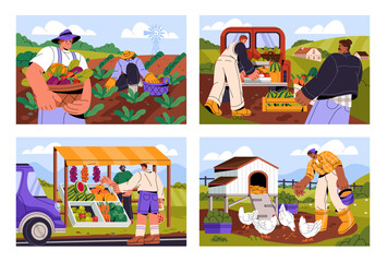 Obraz na płótnie Canvas Farmers at agriculture works set. Rural workers cultivating crops, collecting vegetables at farm field, selling harvest at local market. People at farmland landscapes. Flat vector illustrations