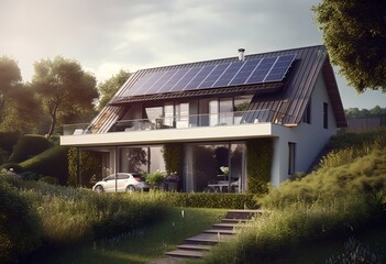 Fototapeta na wymiar Modern home with solar panels, generative ai