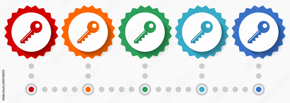 Poster key vector icon set, colorful infographic template, set of flat design badge icons in 5 color option