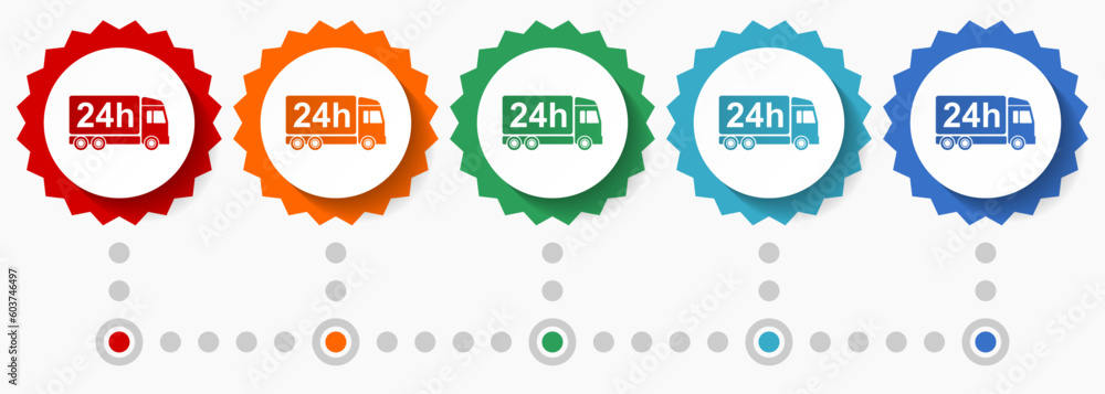 Poster delivery vector icon set, colorful infographic template, set of flat design badge icons in 5 color o