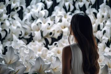 Naklejka premium dark silhouette of a woman on the background of large white lilies beauty femininity generative ai