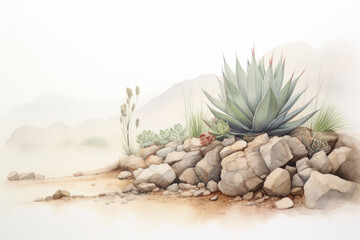 Watercolour pencil illustration of a serene New Mexico desert with rocks and agave plants. Minimalist, melancholic mood postcard with white background. Generative AI