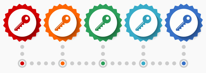 Key vector icon set, colorful infographic template, set of flat design badge icons in 5 color options