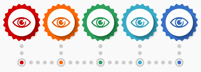 Eye vector icon set, colorful infographic template, set of flat design badge icons in 5 color options