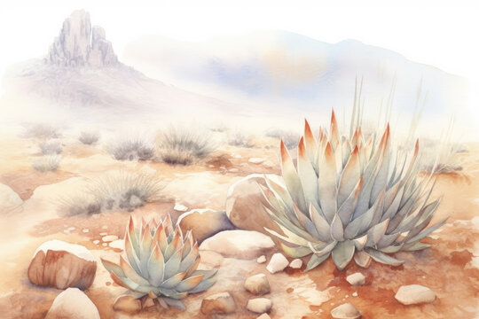 Watercolour pencil illustration of a serene New Mexico desert with rocks and agave plants. Minimalist, melancholic mood postcard with white background. Generative AI