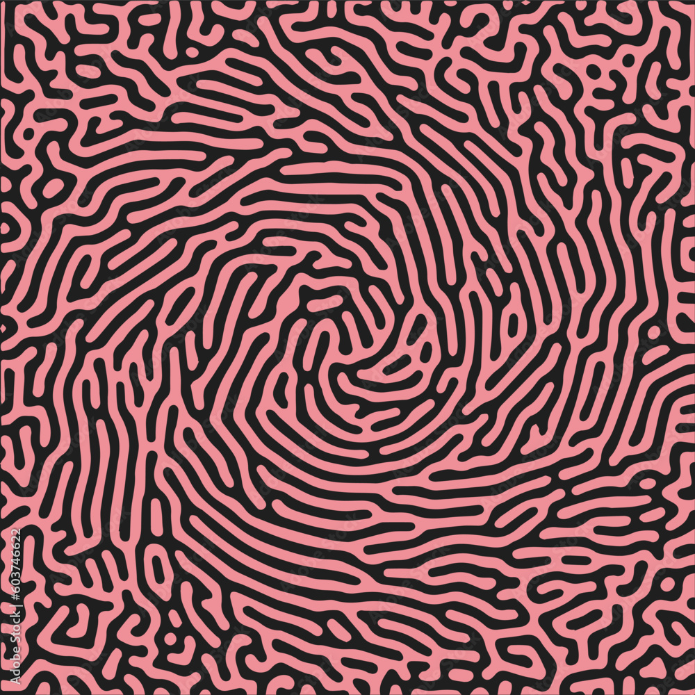 Poster monochrome reaction diffusion organic spiral circular shapes abstract turing pattern background