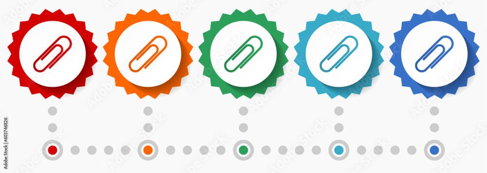 Poster paperclip vector icon set, colorful infographic template, set of flat design badge icons in 5 color 