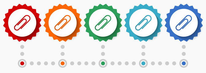 Paperclip vector icon set, colorful infographic template, set of flat design badge icons in 5 color options