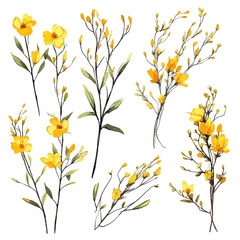 Set of yellow floral watecolor. flowers and leaves. Floral poster, invitation floral. Vector arrangements for greeting card or invitation design