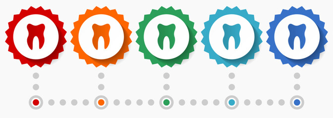 Tooth vector icon set, colorful infographic template, set of flat design badge icons in 5 color options
