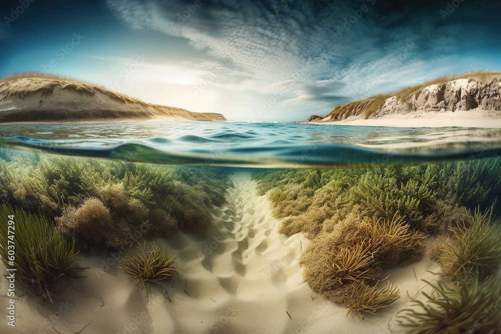 Poster a view from under the ocean of a sandy beach with grass and sand dunes generative ai