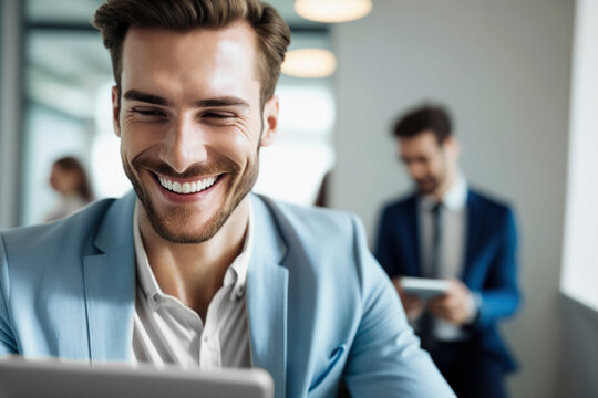 Generative AI image of cheerful young male entrepreneur in elegant suit smiling and looking at screen of tablet while standing with daylight in blurred office