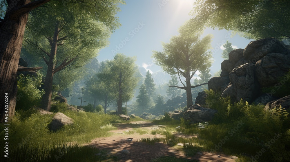 Poster a picture depicting rocks and trees in the midst of a forest generative ai