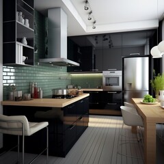 Fototapeta na wymiar Modern and chic kitchen with white tiles and dark fixtures. AI