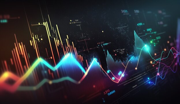 Generative AI, stock market chart lines, financial graph on technology abstract background represent financial crisis, financial meltdown. Technology concept, trading market concept.