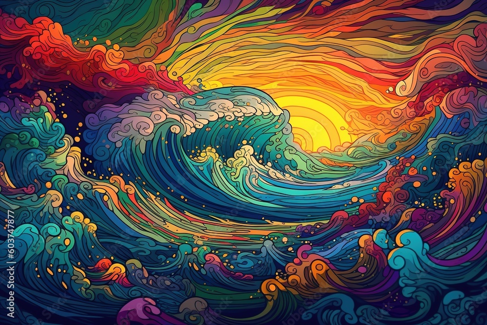 Aufkleber a cartoon depiction of a multicolored wave crashing on the shore generative ai