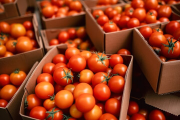 tomatoes in boxes, tomato season harvest generative ai