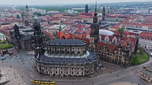 Drone shot of Dresden Cathedral ( Katholische Hofkirche ) or Cathedral of the Holy Trinity ( Kathedrale Sanctissimae Trinitatis ) , Dresden , Germany .