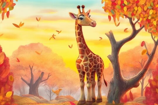 A children's book illustration with a cute giraffe. (Generative AI)