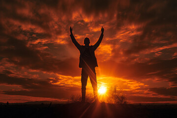 man raised his hands to the orange sunset sky generative ai