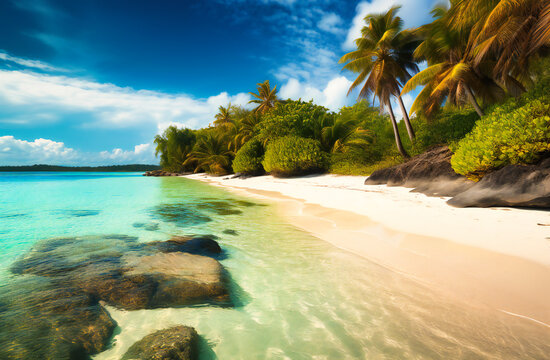 a white sandy beach with palm trees and water