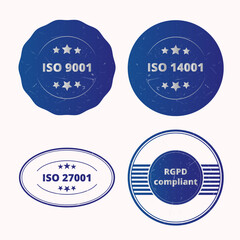 Set of Stamps For ISO Certifications, Textured, ISO 9001, ISO 14001, IS0 27001, RGPD Compliance