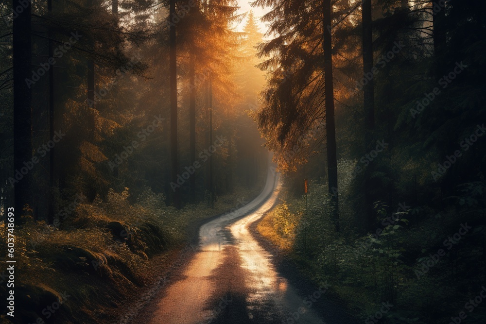 Poster a path running through the heart of the woods generative ai