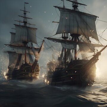 Two 16th Century Ships Attacking Each Other, Cannons Firing, Damaged Ships, Lightning, Photorealistic, Close View Of Ships. Ai Generated 