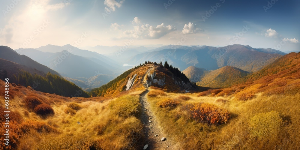 Poster a picture-perfect scene of a mountain with a path winding its way through it generative ai