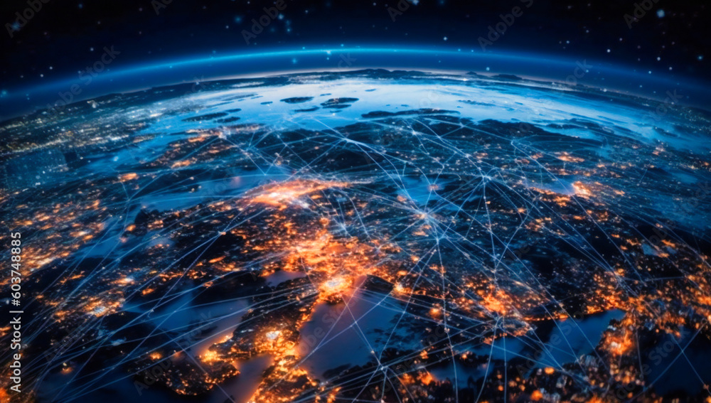 Poster an image of an earth with network lines and connections