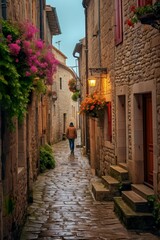 A lone traveler walking down a narrow cobbled street in an ancient European town. The buildings are made of old stone and have colorful flower boxes adorning their windowsills. The street is empty.