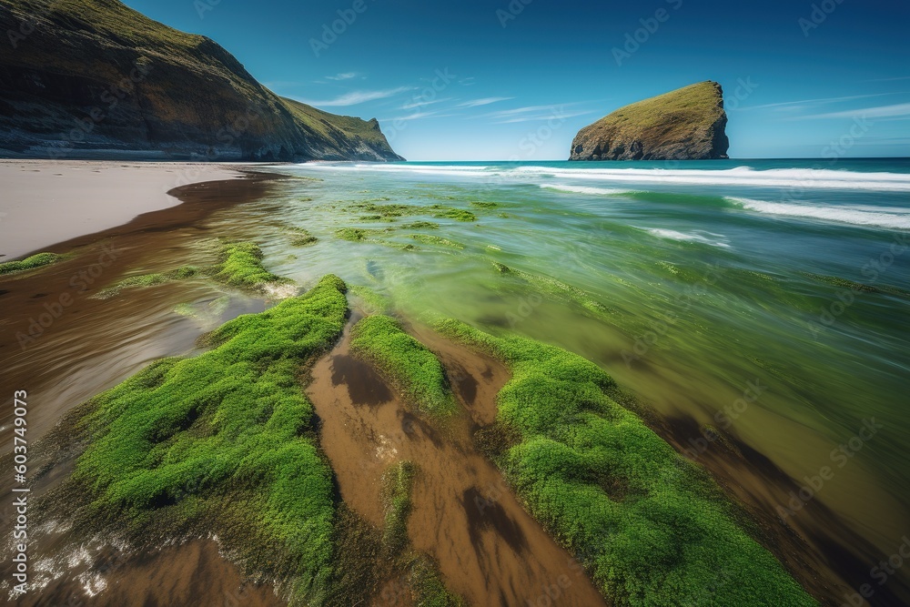Poster a beach that is overgrown with green algae and is located adjacent to a cliff. generative ai
