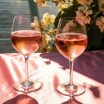 Pair of champagne flutes on a pink tabletop in a celebratory scene. AI