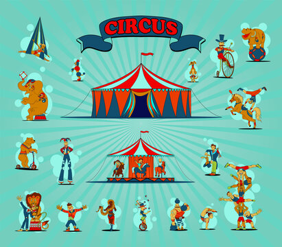 Circus elements set: tent, air gymnastics, gymnast on horse, elephant on ball, lion with tamer, strongman, jugger, hippo, snake girl, carousel