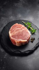 A Raw Pork Medallion on a Black Stone Slate