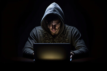 Hacker in a dark room. Generative AI.