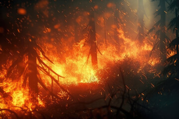 Close-up of forest fire, dancing flames. Generative AI.