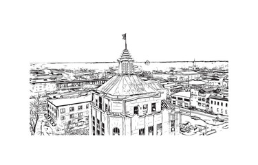 Building view with landmark of Rockford is a city in northern Illinois. Hand drawn sketch illustration in vector.