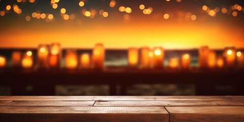 Generative AI, Tropical summer sunset beach bar background. Wooden table top product display showcase empty stage.