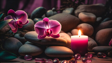Obraz na płótnie Canvas a pink orchid in the midst of stones with candles illuminating the background